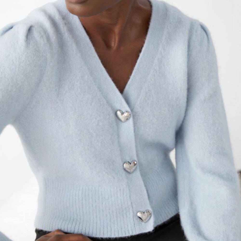 & Other Stories Heart Button Cardigan – Light Blue, Size M, Excellent Condition